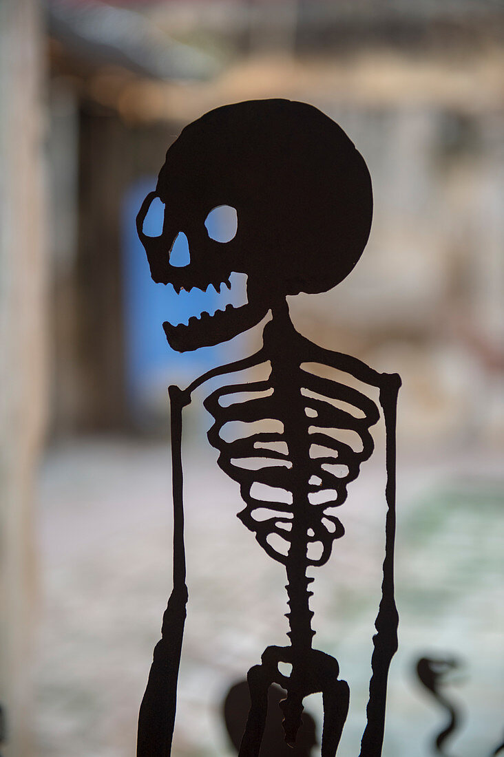 A metal silhouetted skeleton on display in an art exhibit in Oaxaca City, Mexico.