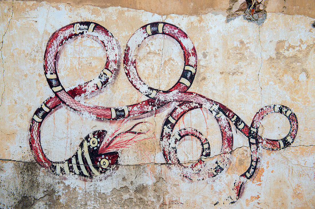 Paintings on the wall of a ruin of an old colonial house in Oaxaca City, Mexico.