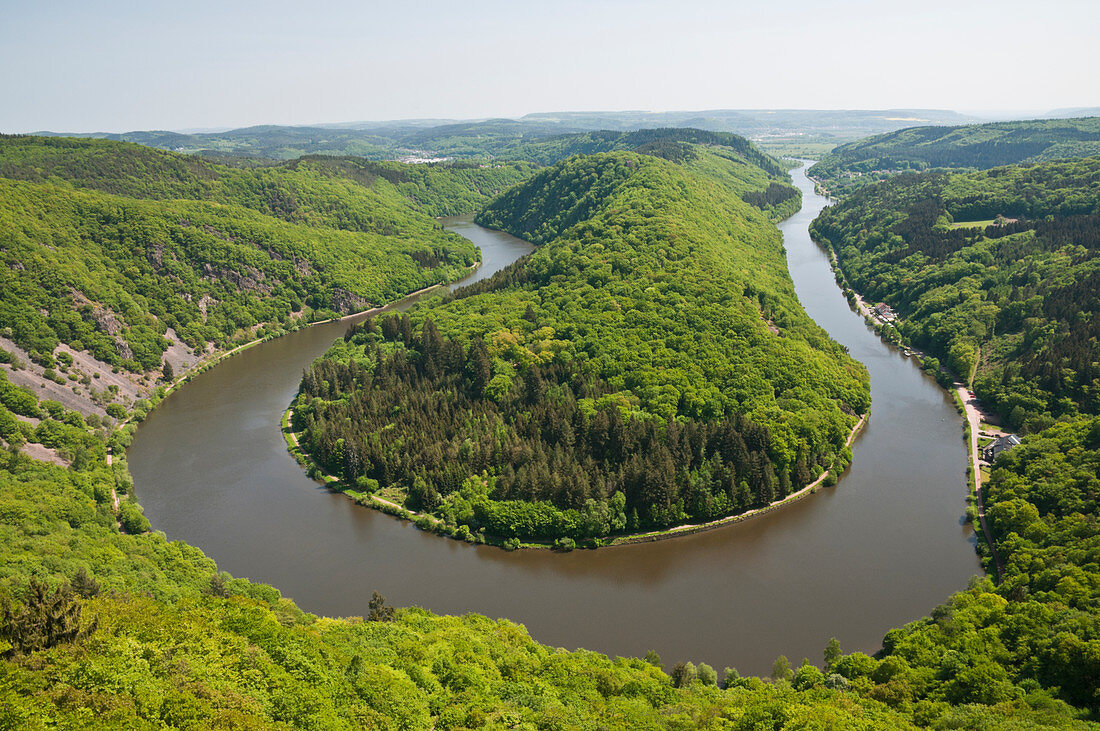 Panoramic view of the Saarschleife valley, the Saar river and the Naturpark Saar-Hunsruck landscape, Mettlach-Orscholz, Saarland, Germany.