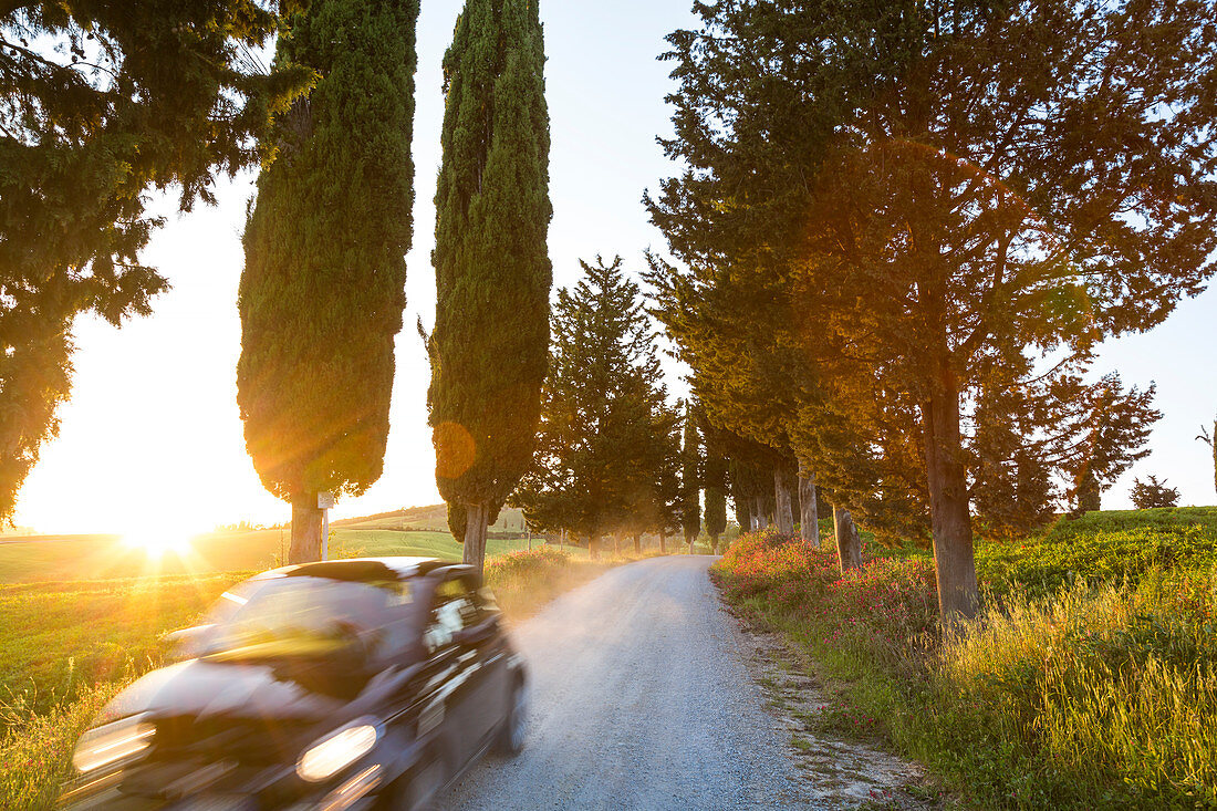 Car passing by on dirt road in Tuscany, Italy