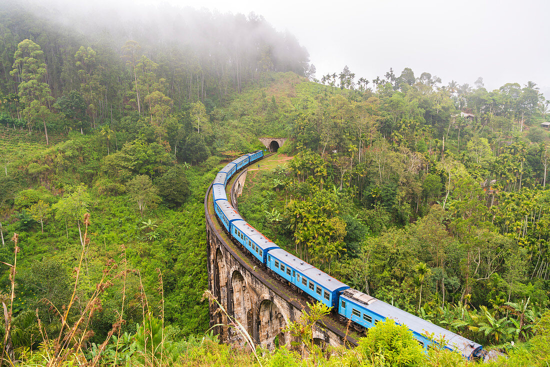 Zug überquert die Demodera Nine Arches Bridge in der Nähe von Ella im südlichen Hochland, Sri Lanka
