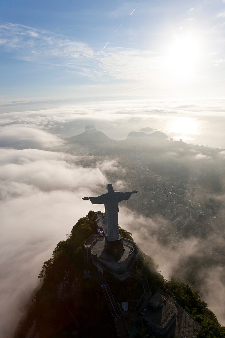 Aerial view of Christ Redeemer statue on the Corcovado Mountain, Rio de Janeiro, Brazil