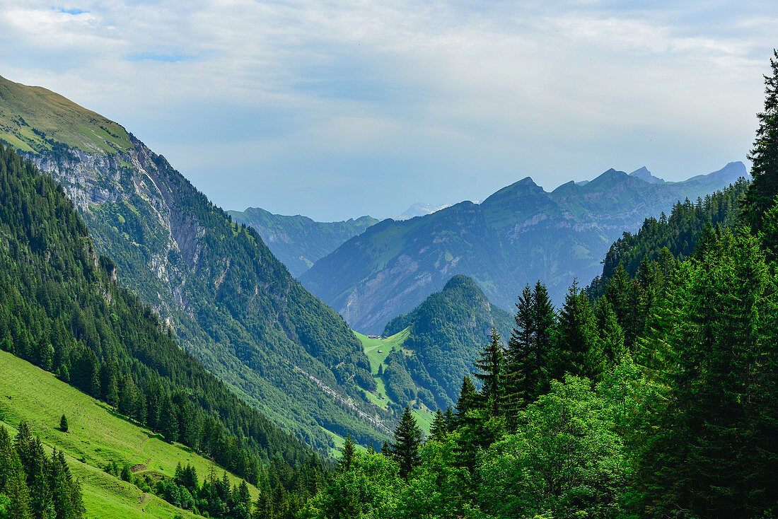 Wanderung in den Schweizer Bergen mit herrlicher Fernsicht zum Alpstubli, bei Isenthal, Kanton Uri, Schweiz