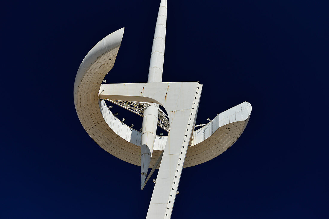 The television tower in Montjuic against a deep blue sky, Barcelona, Catalonia, Spain