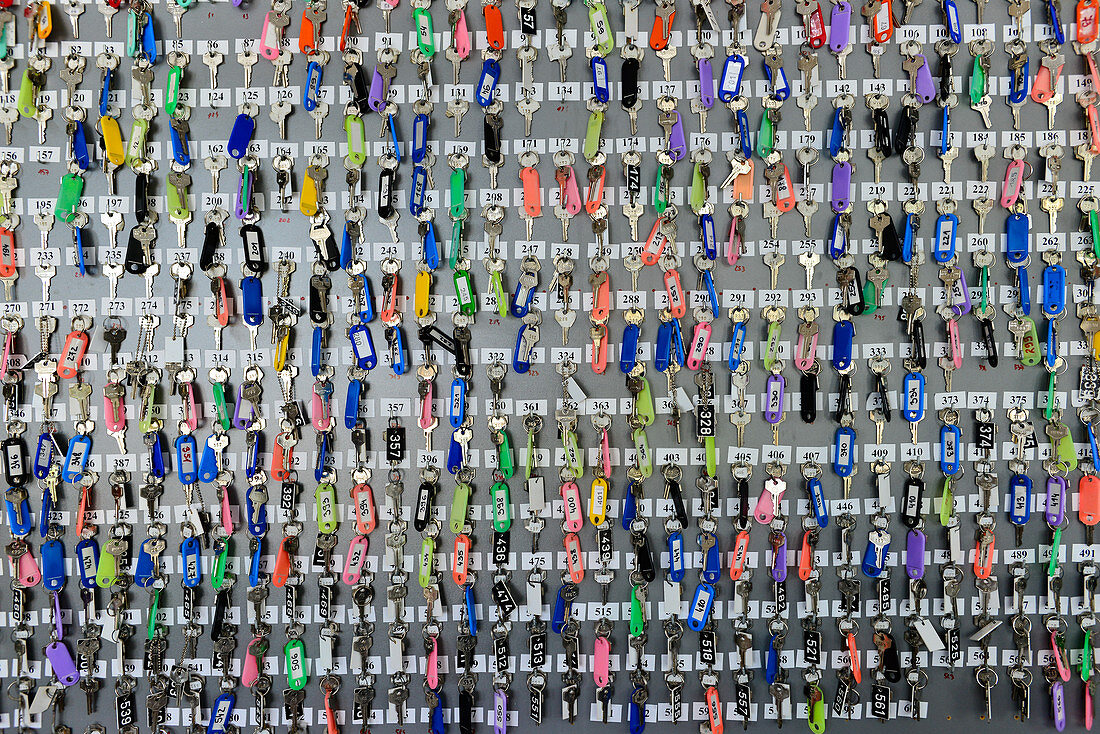 Blackboard with numerous colorful keys for lockers, Terme Olimia, Podcetrtek, Slovenia