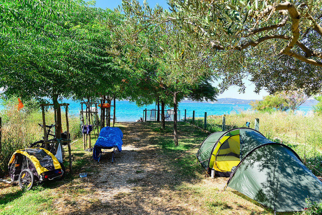 Tents and bicycles at the campsite on the Adriatic Sea, Bibinje, Zadar, Croatia