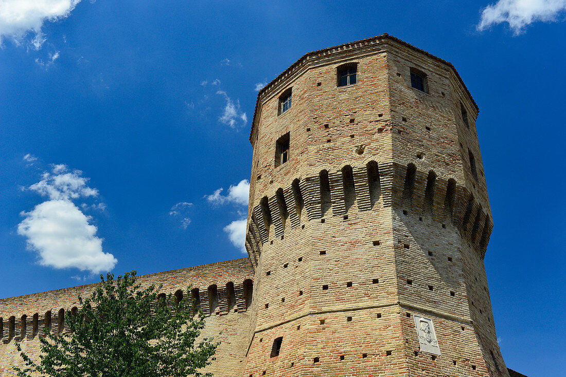 Defense tower as part of the city wall in Jesi, Ancona province, Italy