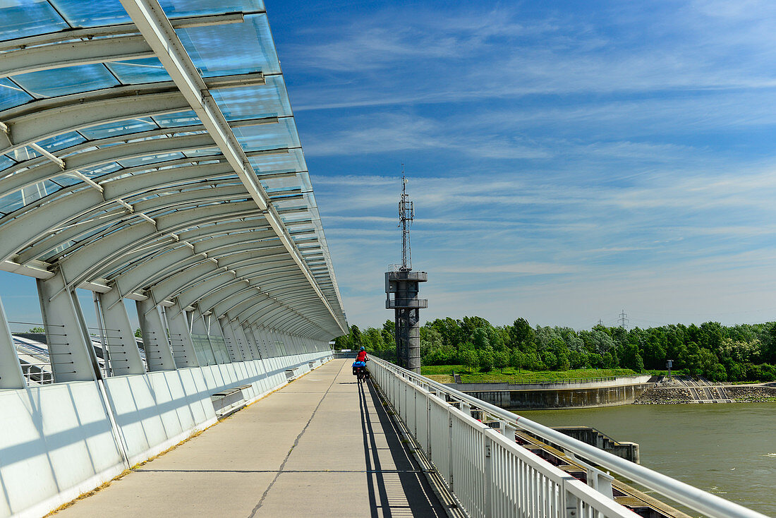 Woman cyclist with full luggage on a bridge over the Danube Canal, Donauauen, Vienna, Austria