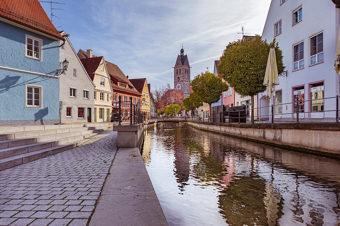 Hirschgasse and Memminger Ach with a view of Frauenkirche in Memmingen, Bavaria, Germany