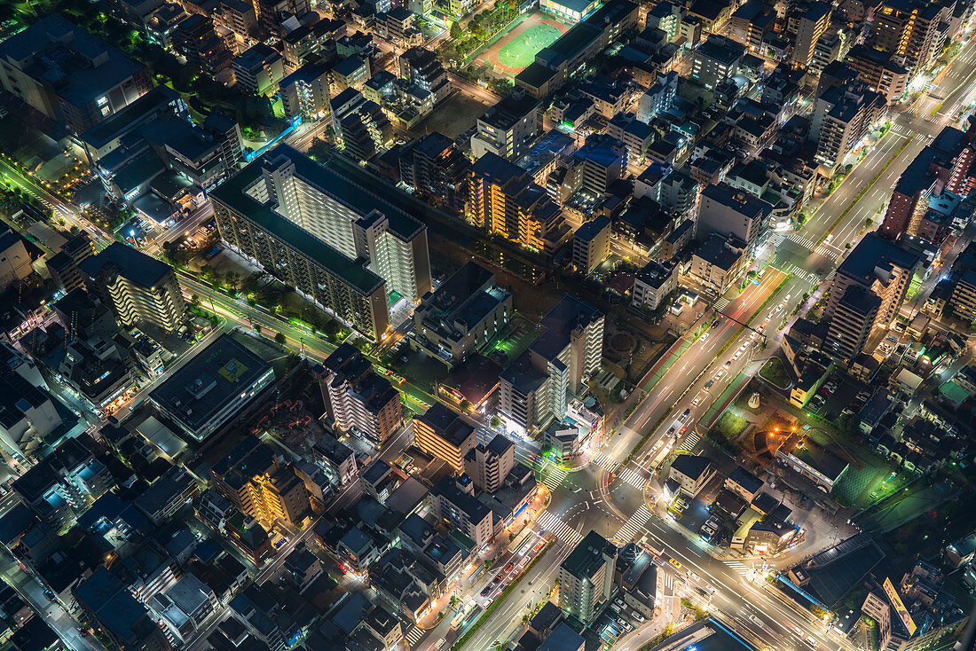 Aerial view of a city intersection in Tokyo, Japan