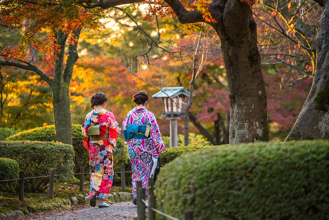 Young women in traditional Japanese dress walking in Kenrokuen Garden, Kanazawa, Japan