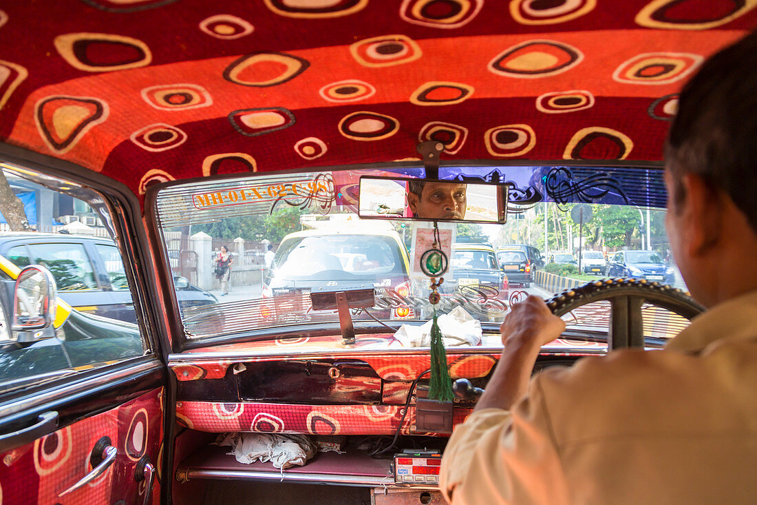 Interior view of Mumbai taxi driving along, Mumbai, India