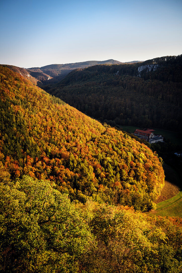 View from Kunstmühlefels, Bad Urach, Reutlingen district, Swabian Alb, Baden-Wuerttemberg, Germany, Europe