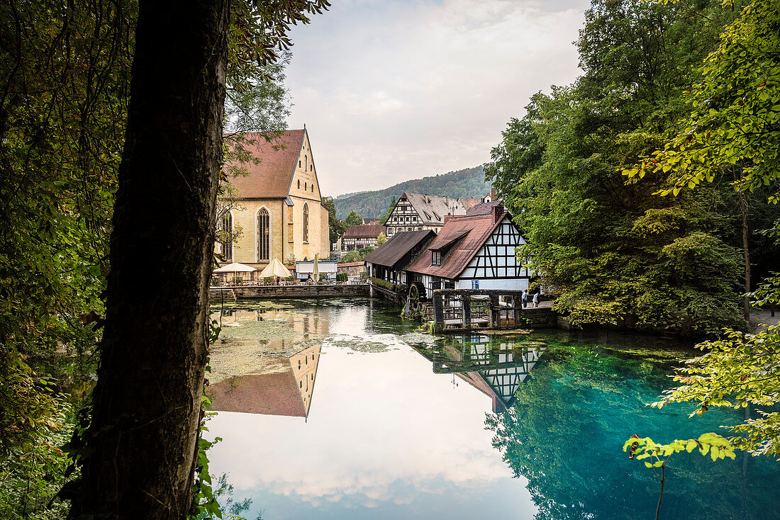 Hammerschmiede and monastery at Blautopf, Blaubeuren, Alb-Donau district, Swabian Alb, Baden-Wuerttemberg, Germany, Europe