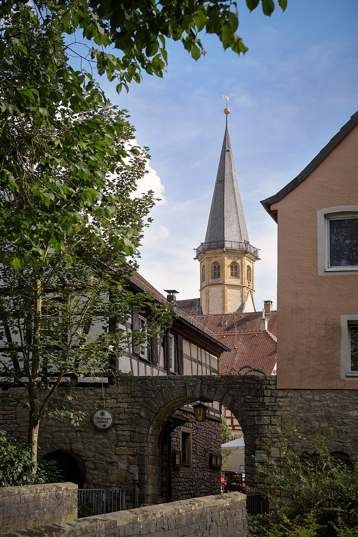 Old town with half-timbered houses and steeple of the town church St Georg in Weikersheim, Romantische Strasse, Baden-Wuerttemberg, Germany, Europe