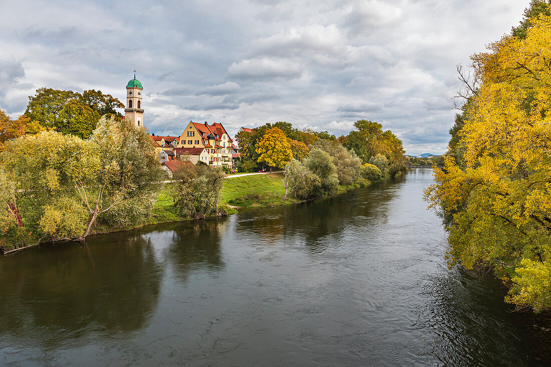 View of St. Mang from the Steinerner Brücke in Regensburg, Bavaria, Germany