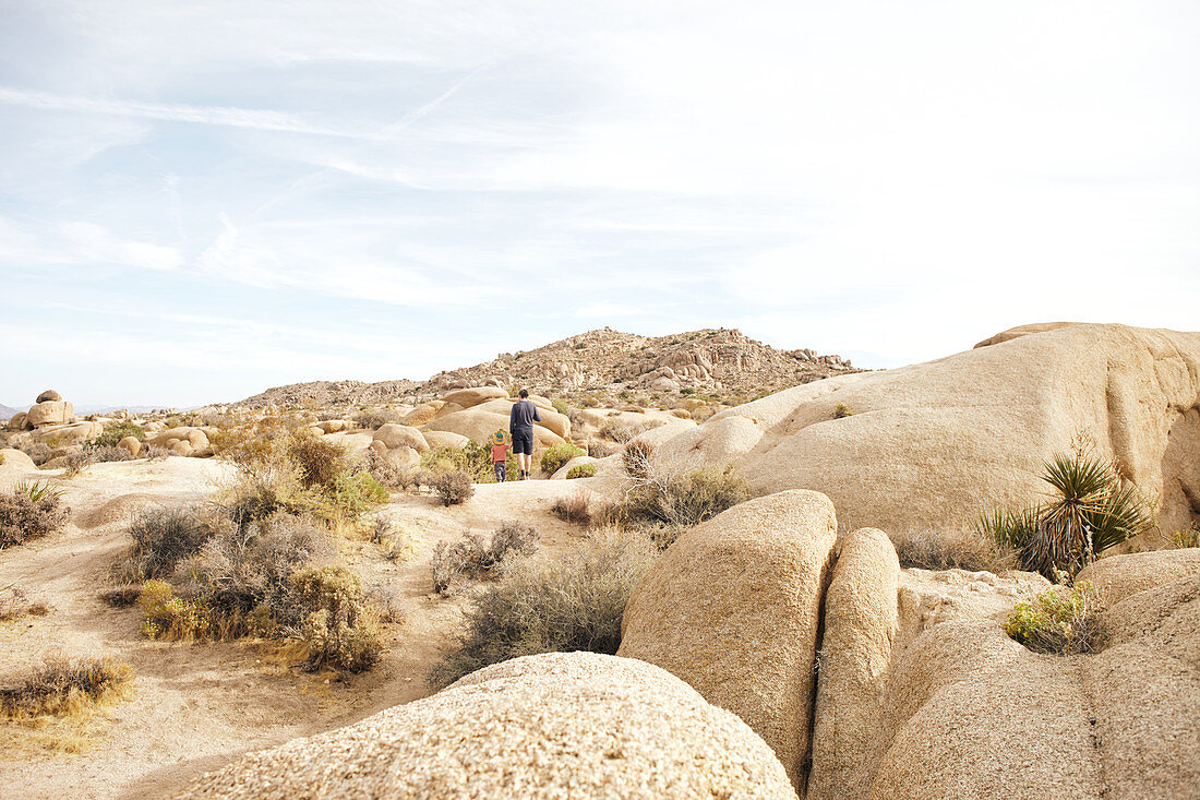 Father and son hiking in the rocky landscape of Jumbo Rocks in Joshua Tree Park, California, USA.
