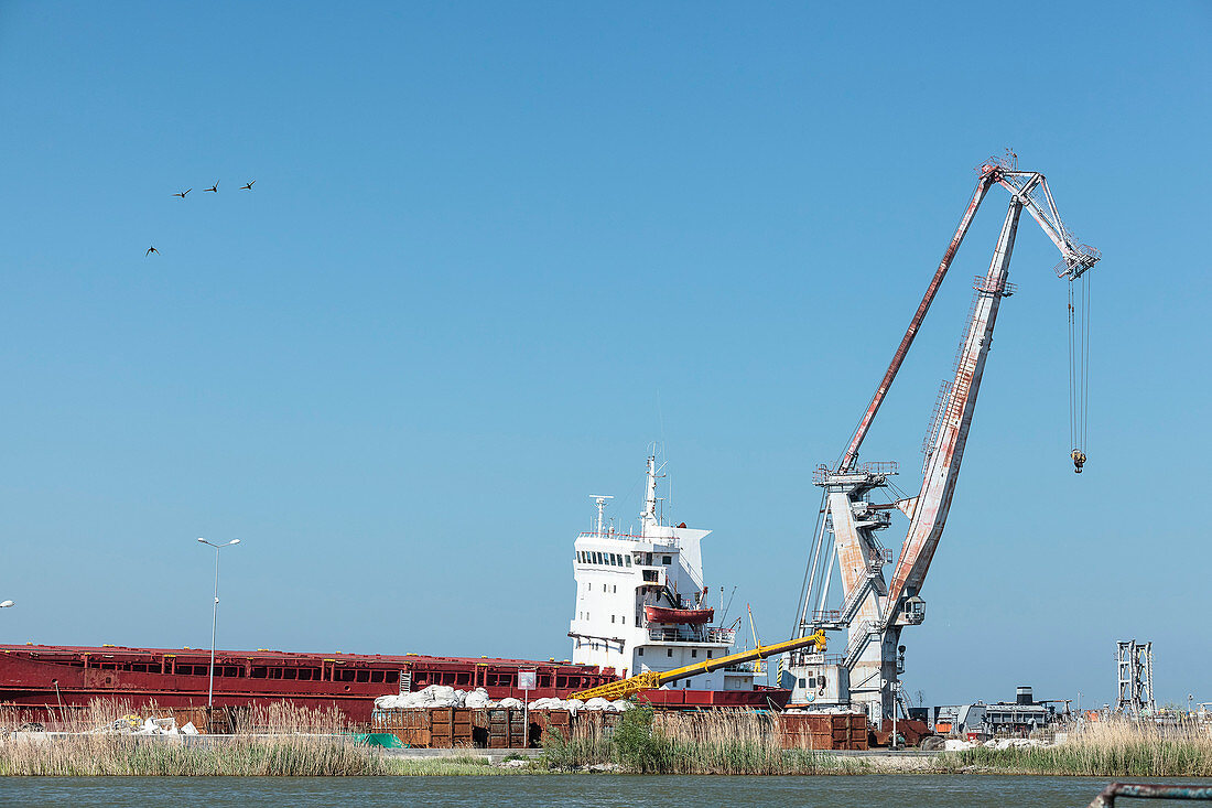 Danube Delta, ducks fly over crane and ship in the port of Sulina, Tulcea, Romania.