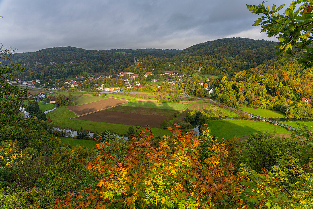 View from the Neideck castle ruins to the village of Streitberg, Wiesenttal, Franconia, Bavaria, Germany