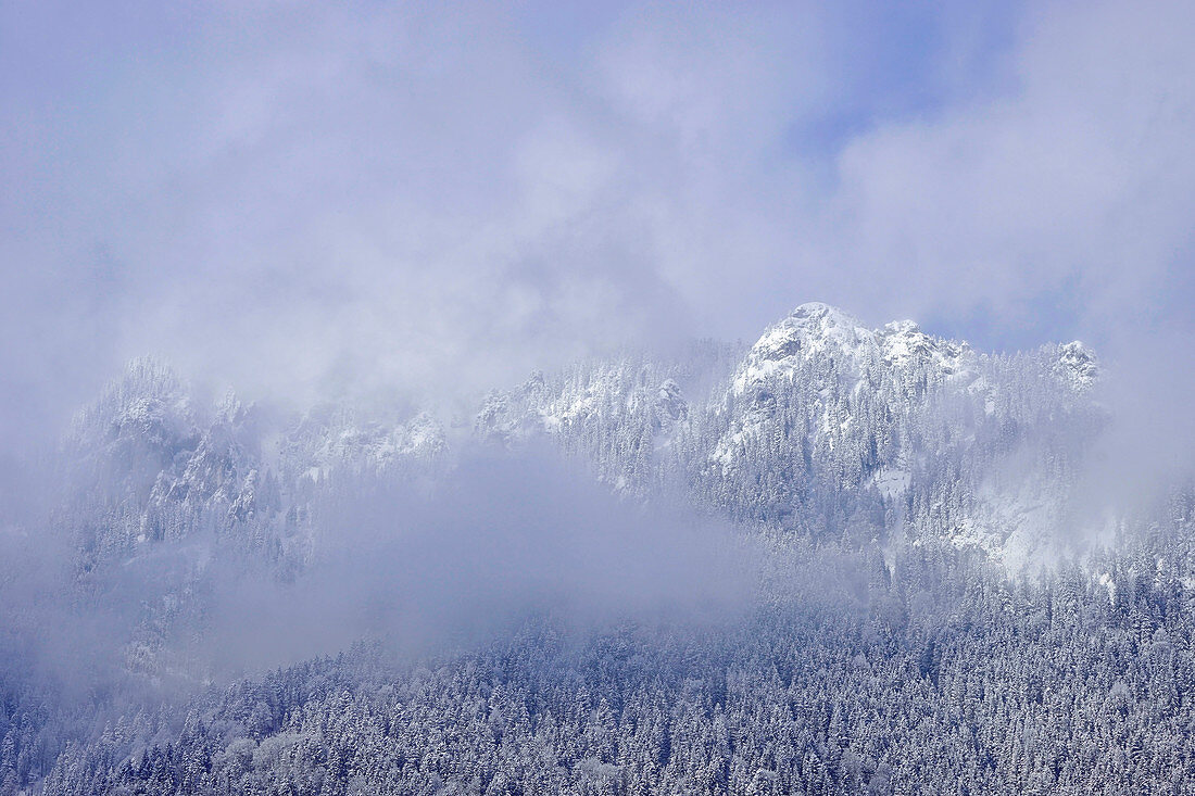 The Laber enveloped by clouds in winter, Ettal, Bavaria, Germany