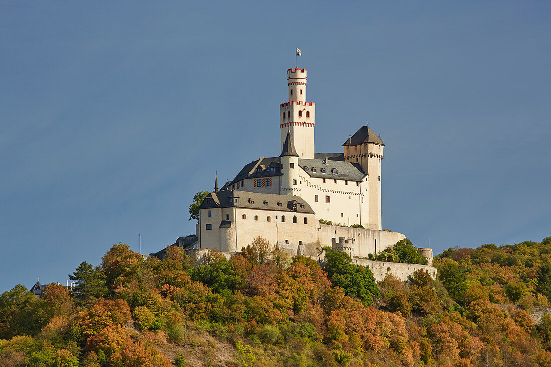 Die Marksburg in Braubach, Unesco-Welterbe Oberes Mittelrheintal, Mittelrhein, Rheinland-Pfalz, Deutschland, Europa