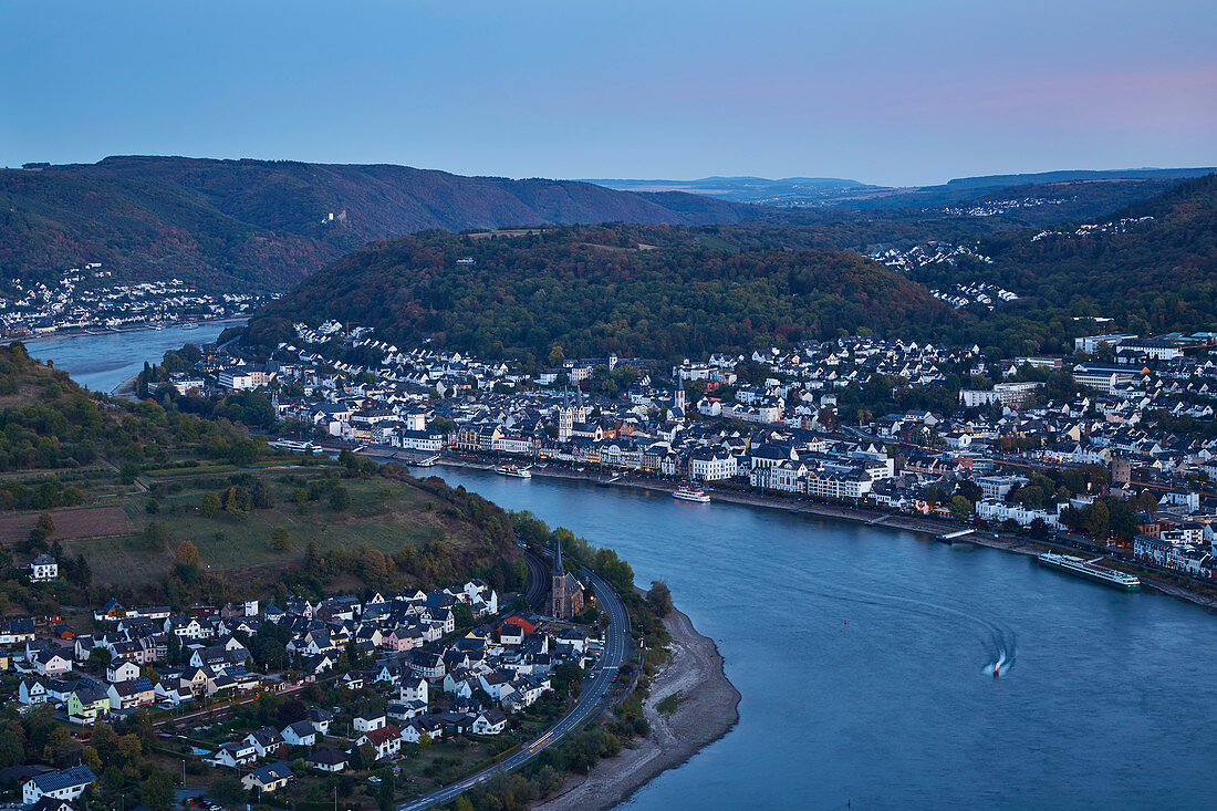 Blick vom Gedeonseck auf Boppard, Sonnenuntergang, Rhein, Mittelrhein, Unesco-Welterbe Oberes Mittelrheintal, Rheinland-Pfalz, Deutschland, Europa