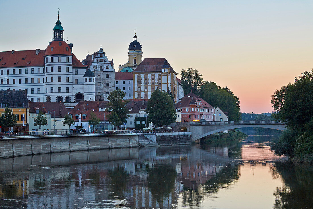 Castle and castle church in Neuburg an der Donau, sunset, Bavaria, Germany, Europe