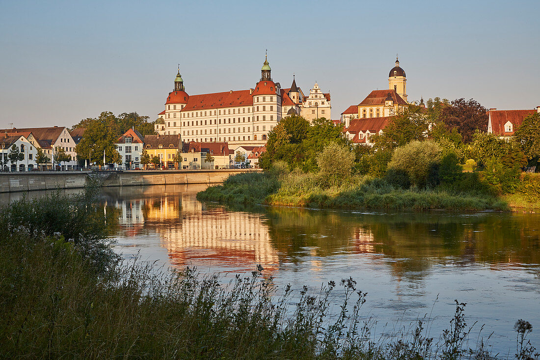 Castle and castle church in Neuburg an der Donau, sunrise, Bavaria, Germany, Europe