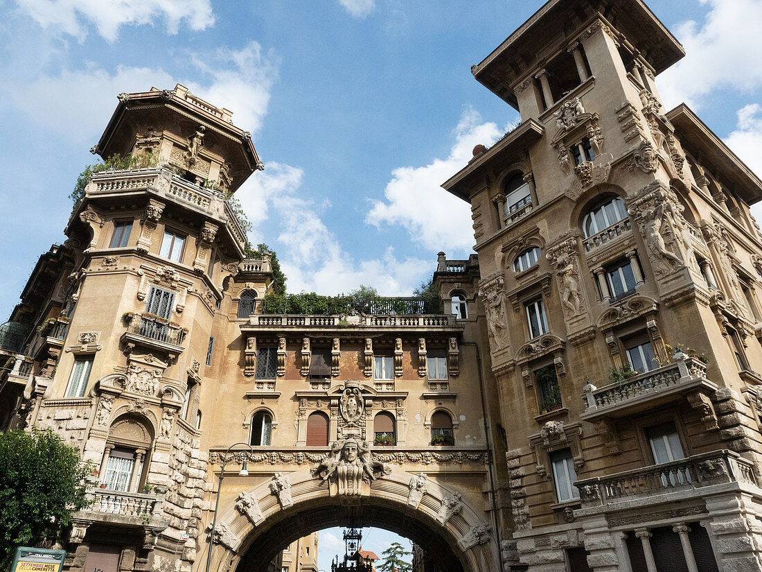 Quartiere Coppeda, Rome, Italy: archway between the two towers of the Palazzi degli Ambasciatori