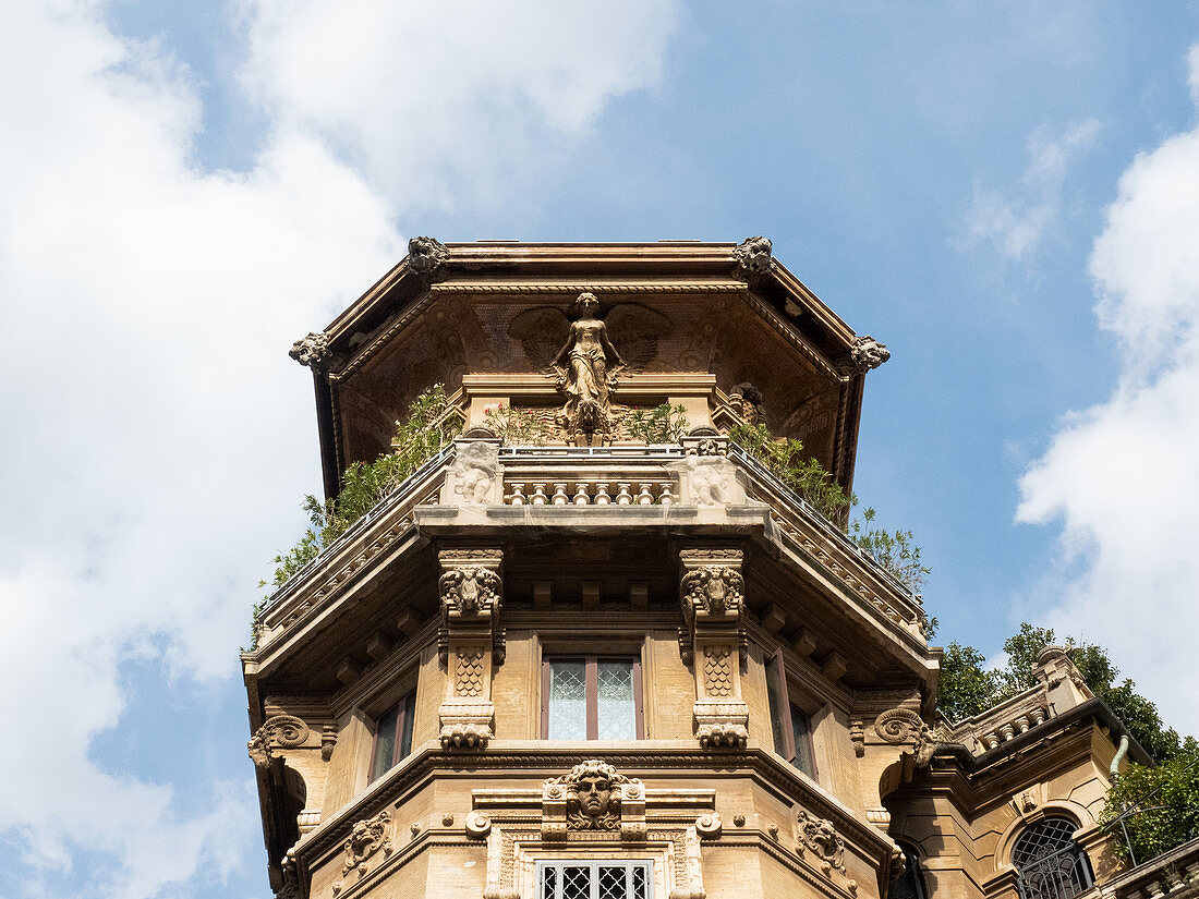 Quartiere Coppeda, Rome, Italy: details of one of the towers of the Palazzi degli Ambasciatori