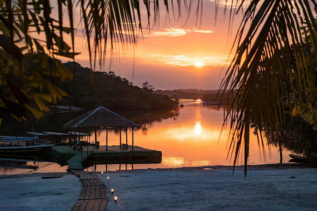 Tourists resort on the Amazon near Manaus, sunrise, Amazon basin, Brazil, South America