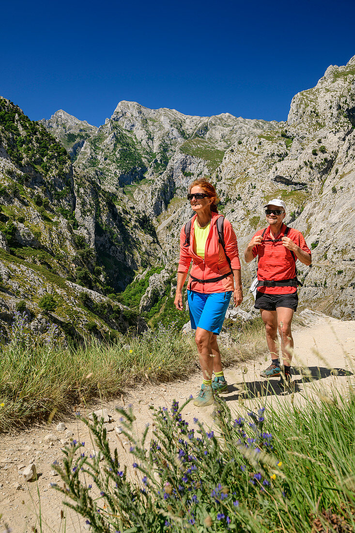 Mann und Frau beim Wandern durch die Schlucht Ruta del Cares, Caresschlucht, Nationalpark Picos de Europa, Kantabrisches Gebirge, Asturien, Spanien