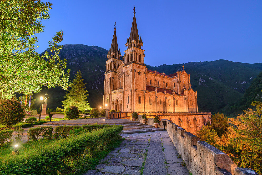 Illuminated Basilica of Covadonga, Covadonga, Picos de Europa, Picos de Europa National Park, Cantabrian Mountains, Asturias, Spain