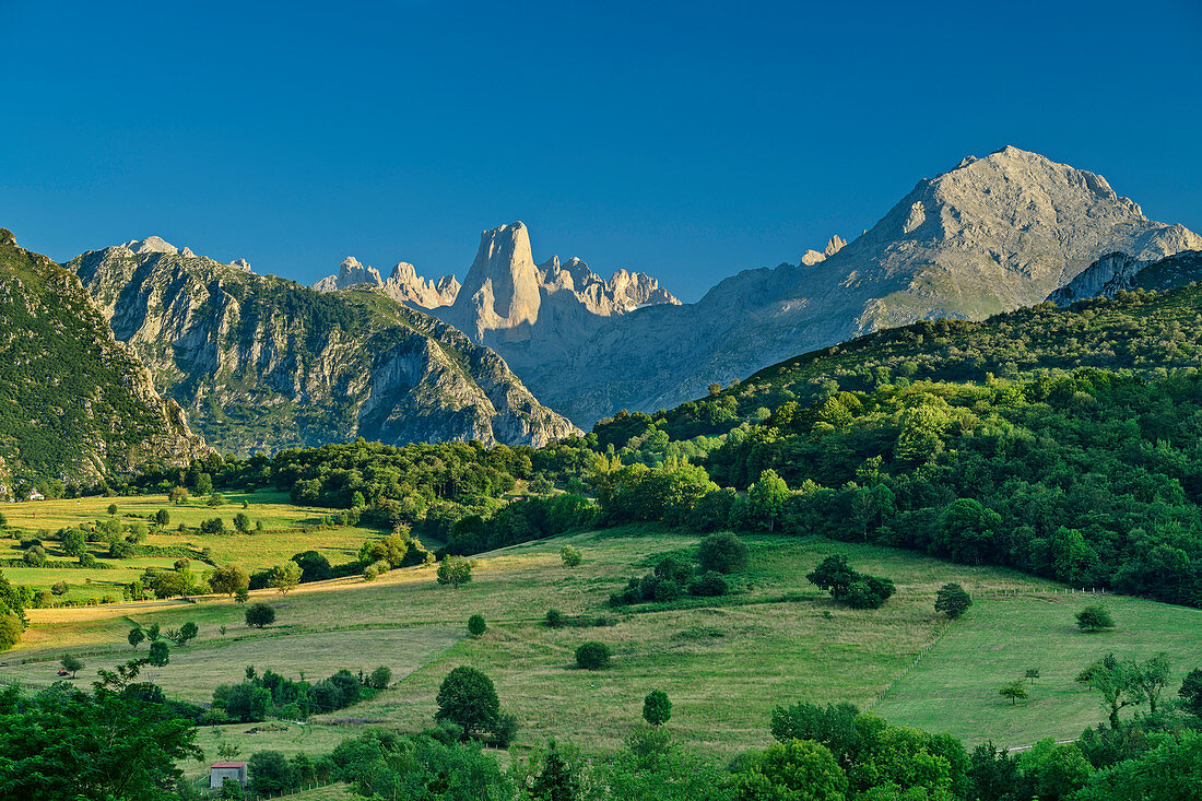 View of Picu Urriellu and Pico de Albo, Naranjo de Bulnes, Picos de Europa, Picos de Europa National Park, Cantabrian Mountains, Asturias, Spain