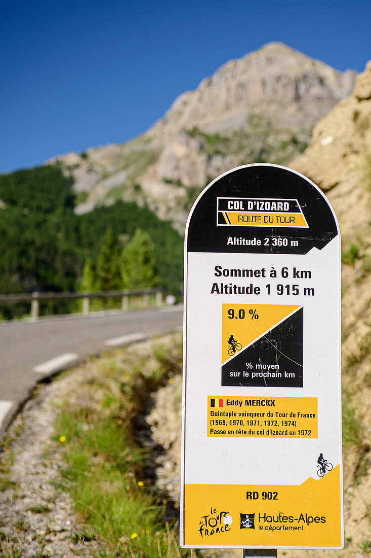 Information board for cyclists at Col d'Izoard, Cottian Alps, Hautes-Alpes, France