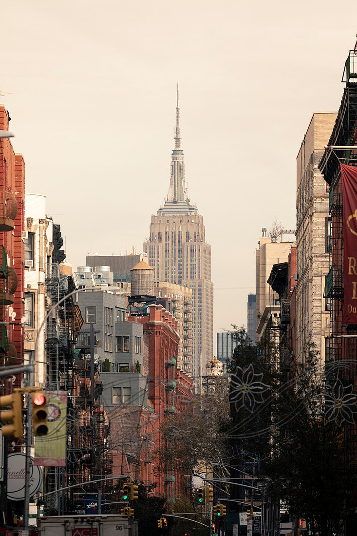 The Empire State Building from Litte Italy district. Manhattan, New York, USA