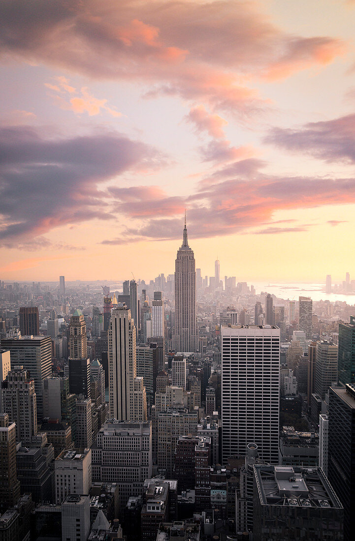 New York city Skyline with Empire State Building and Liberty Tower during sunset, from Top Of The Rock Building. 