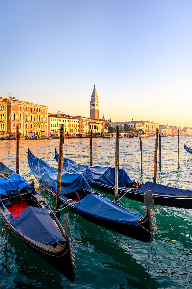 St MArk Bell Tower as seen from Punta della Dogana, with Gondolas and Canalgrande. Venice, Veneto, Italy.