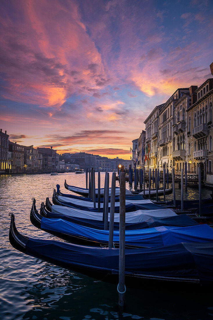Gondolas at sunset on Canal Grande. Venice, Veneto, Italy.