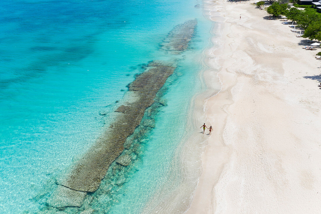 Aerial view by drone of Hermitage Bay Antigua, Antigua and Barbuda, Leeward Islands, West Indies, Caribbean, Central America