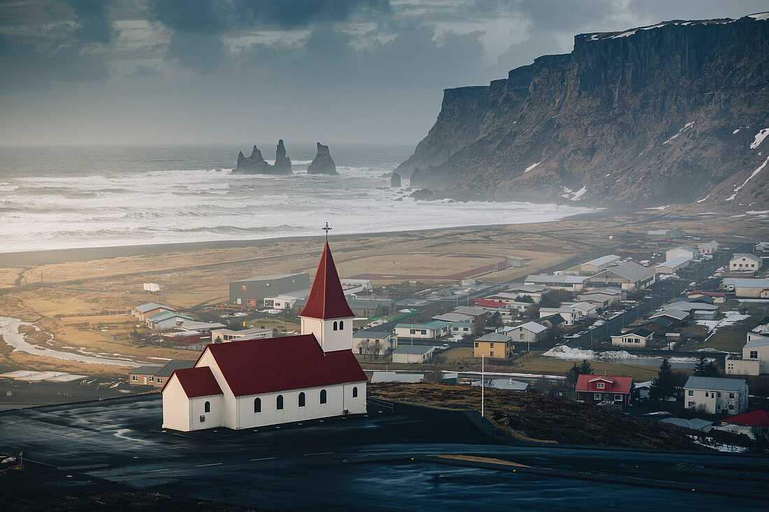 Vik church and cliffs. Vik, Southern Iceland.