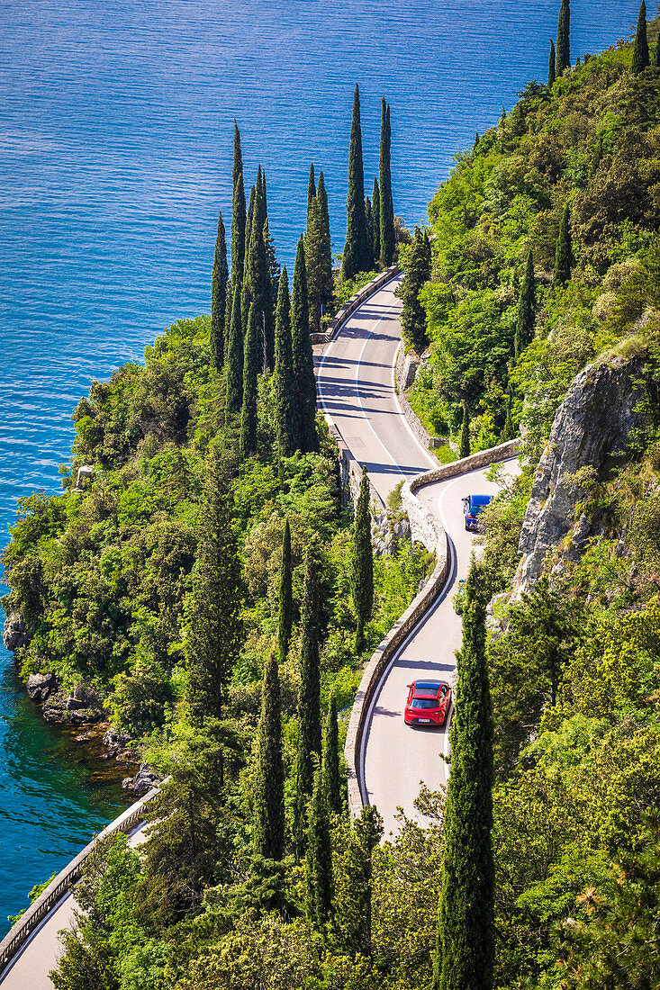 The SS45 road on Lake Garda coast. Tremosine, Lombardy, Italy.