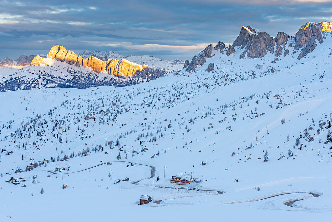 Giau pass in winter season. Europe, Italy, Veneto, Belluno province, Giau pass