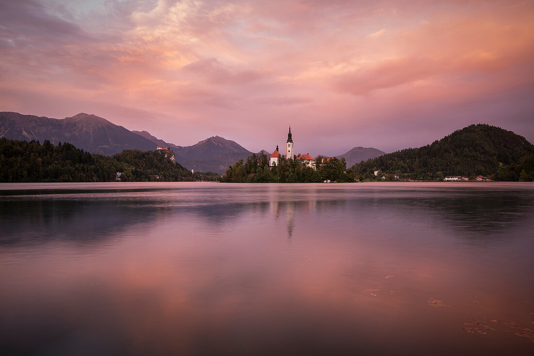 Luftaufnahme der Insel Bled mit Kirche Mariä Himmelfahrt in der Abenddämmerung, Bleder See, Oberes Krain, Slowenien