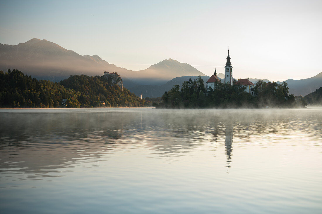Bled Island with Church of the Assumption at dawn, Lake Bled, Upper Carniola, Slovenia