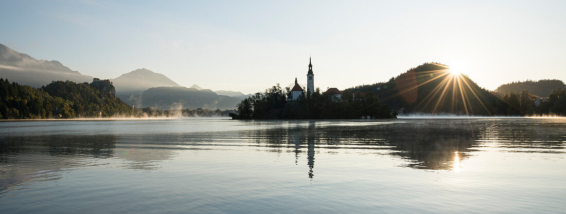 Bled Island with Church of the Assumption at dawn, Lake Bled, Upper Carniola, Slovenia