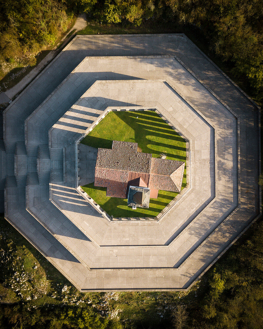 Aerial view of Saint Anthony's sanctuary (Caporetto memorial), Kobarid, Goriska, Slovenia