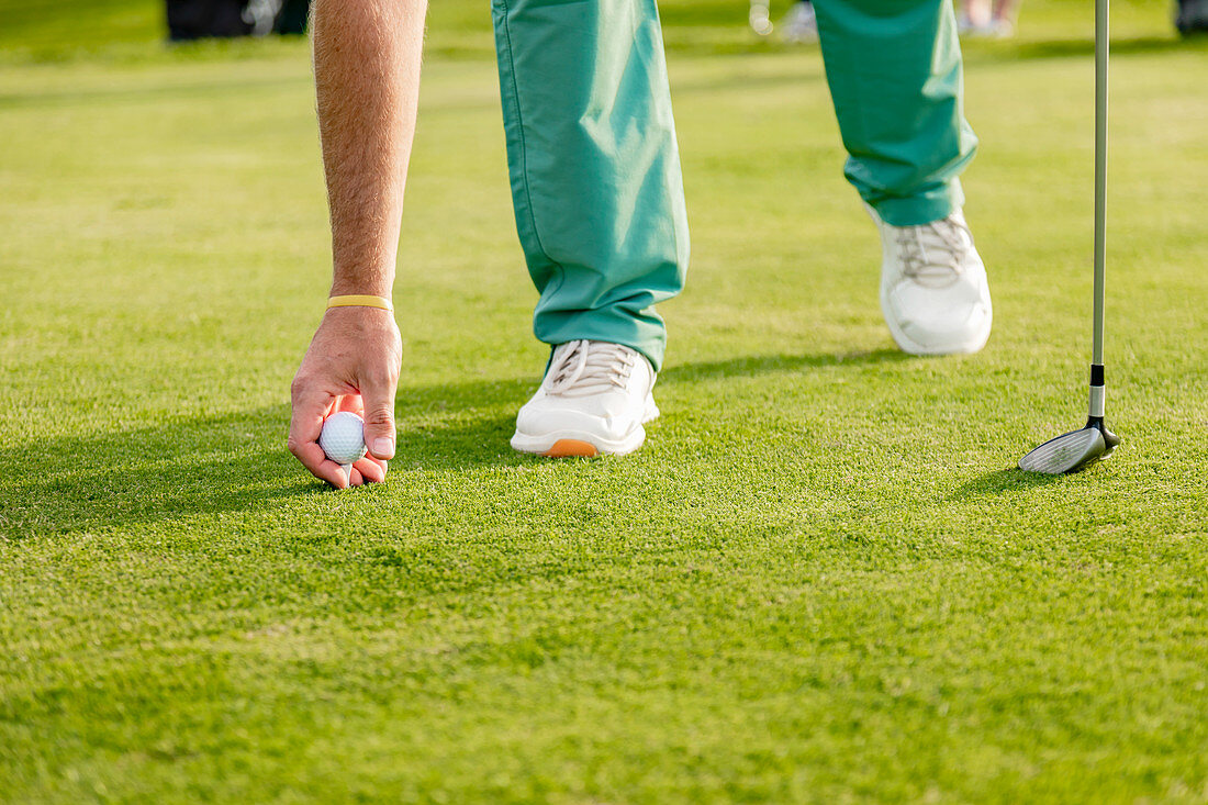 Mann, der Golfball auf Grün auf Golfplatz setzt