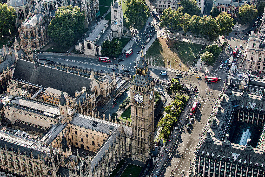 Aerial view of Big Ben and Parliament Square in London, the Houses of Parliament.