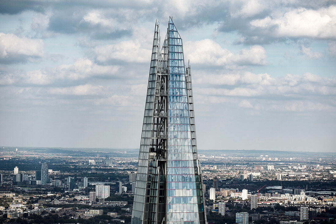 Aerial view of The Shard, a tall glass clad tower landmark designed by Renzo Piano in London